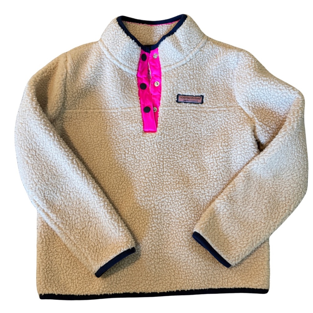 Vineyard Vines - Kids Cream Fleece Pullover w/ Pink Accents - Youth Small (6-7)